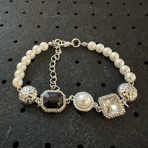 Pearl and Crystal Station Bracelet with Black Accent